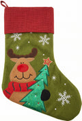 Green felt Christmas stocking with reindeer and Christmas tree appliqué design
