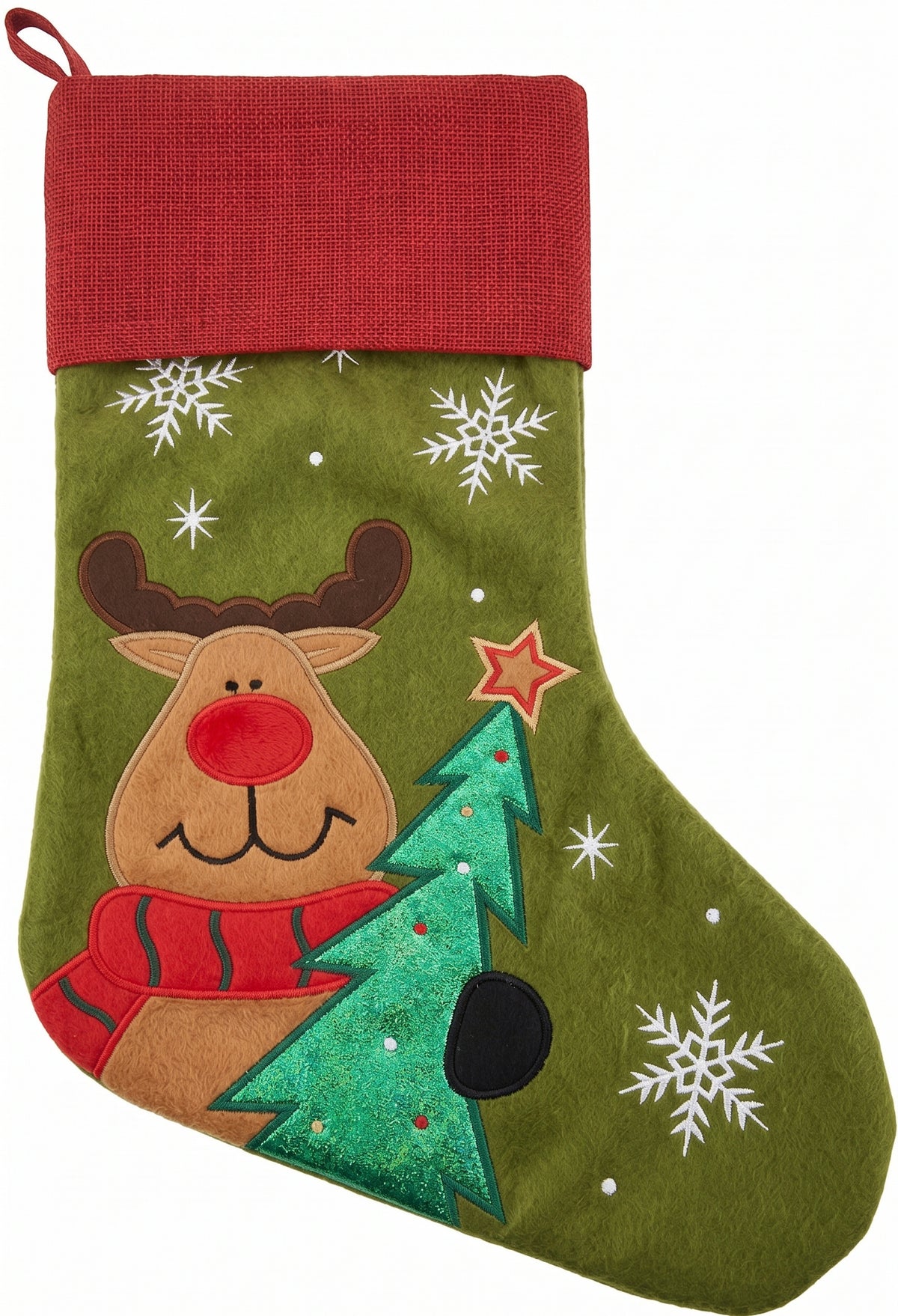 Green felt Christmas stocking with reindeer and Christmas tree appliqué design
