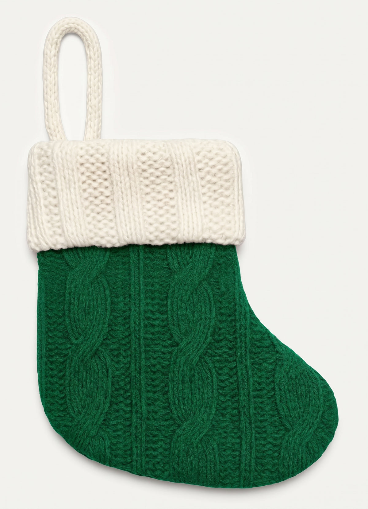 Mini green cable-knit Christmas stocking with cream cuff and loop hanger