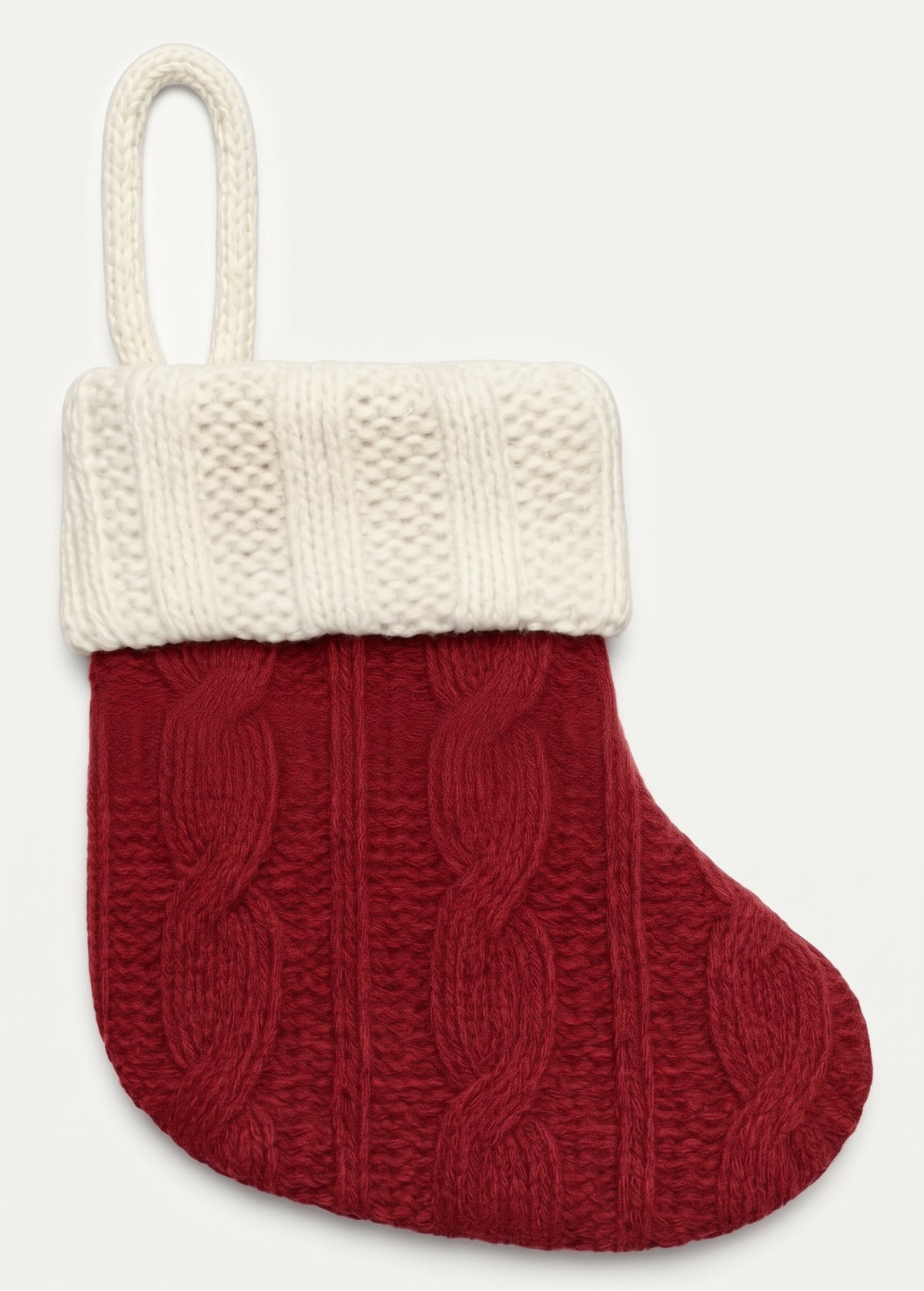 Mini red cable-knit Christmas stocking with cream cuff and loop hanger