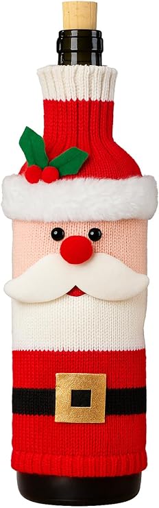 Santa Claus knitted wine bottle cover on a wine bottle