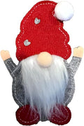 Standing Christmas gnome plush with red heart-patterned hat, white pompom, raised arms and fluffy beard
