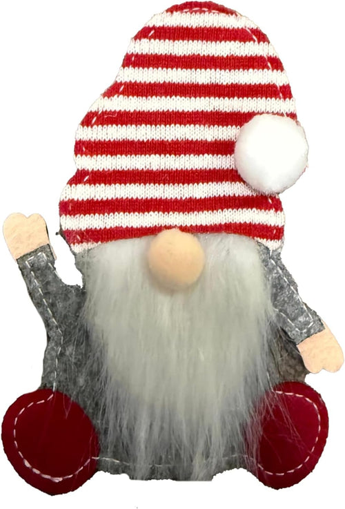 Christmas gnome cutlery holder with red and white striped hat, grey beard and red feet