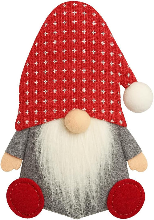 Christmas gnome plush with red dotted hat, white pompom, fluffy beard and red felt feet
