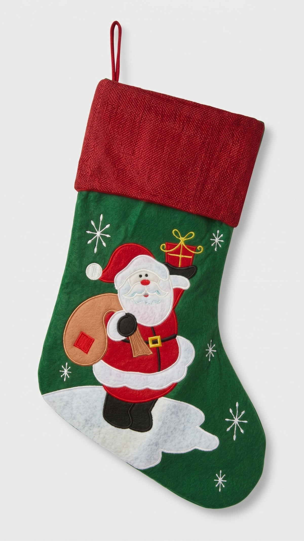 Santa Claus embroidered Christmas stocking with green velvet body and red cuff