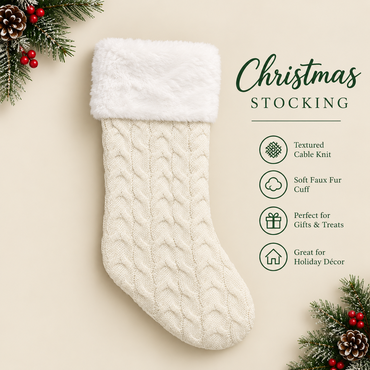 Cream Knitted Christmas Stocking with Faux Fur Cuff