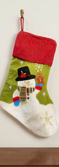 Green Christmas stocking with snowman, gingerbread man and snowflake design, red cuff