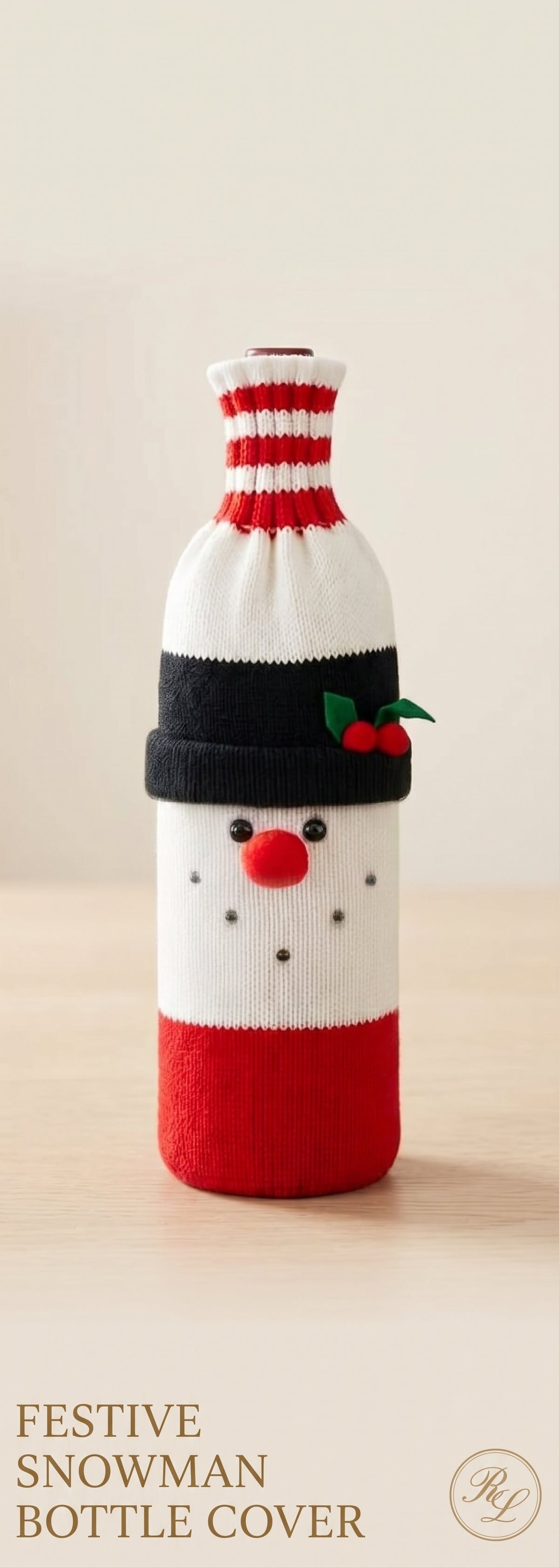 Festive snowman knitted wine bottle cover on a wine bottle